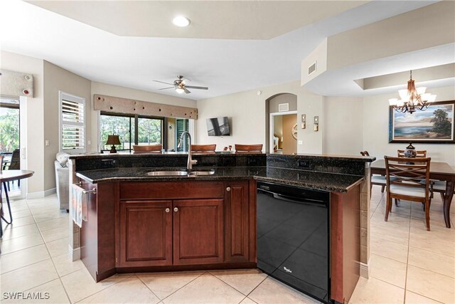 10637 Pelican Preserve Blvd Unit A, Fort Myers, FL 33913 - kitchen featuring black dishwasher, a healthy amount of sunlight, a sink, and ceiling fan with notable chandelier