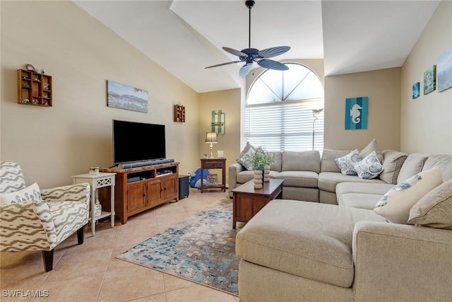 13199 Whitehaven Ln Unit 1808, Fort Myers, FL 33966 - living room with lofted ceiling, light tile patterned flooring, and ceiling fan