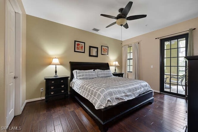 8945 Malibu St Unit 204, Naples, FL 34113 - bedroom featuring visible vents, baseboards, ceiling fan, dark wood-type flooring, and access to outside