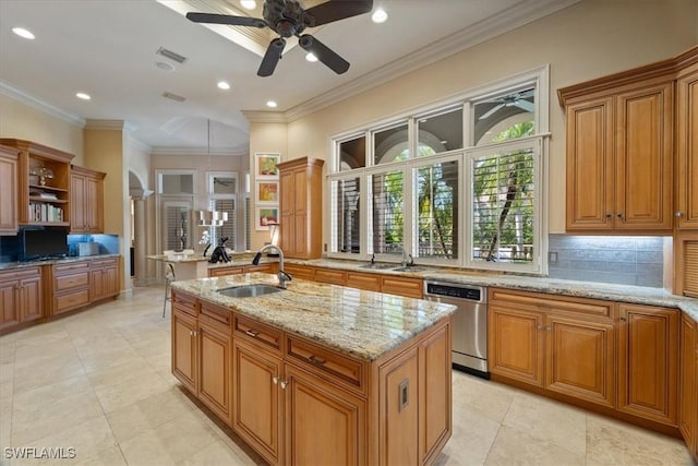 550 21st Ave S, Naples, FL 34102 - kitchen with a ceiling fan, a sink, open shelves, a center island with sink, and stainless steel dishwasher