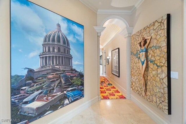 550 21st Ave S, Naples, FL 34102 - hallway with baseboards, ornamental molding, tile patterned floors, and decorative columns
