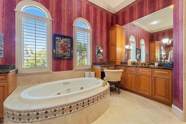550 21st Ave S, Naples, FL 34102 - full bath featuring crown molding, a whirlpool tub, a healthy amount of sunlight, and vanity