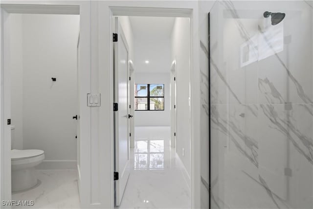 bathroom with marble finish floor, toilet, baseboards, recessed lighting, and a marble finish shower