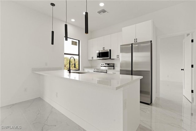 kitchen with visible vents, appliances with stainless steel finishes, a sink, marble finish floor, and recessed lighting