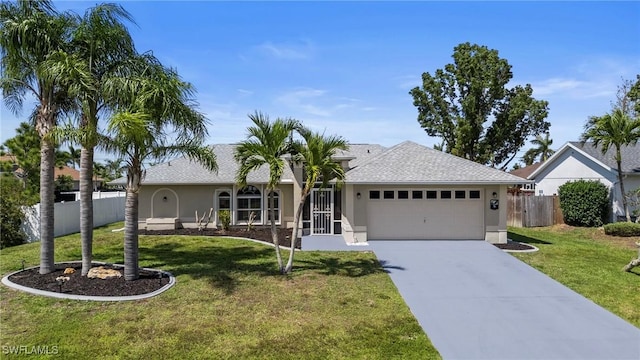 single story home featuring an attached garage, fence, stucco siding, a front lawn, and driveway