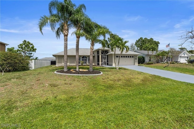 single story home with an attached garage, driveway, fence, and a front lawn
