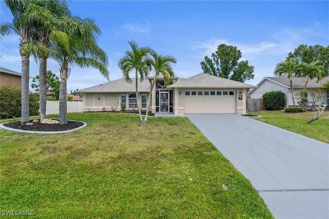 ranch-style house with a front yard, an attached garage, and fence