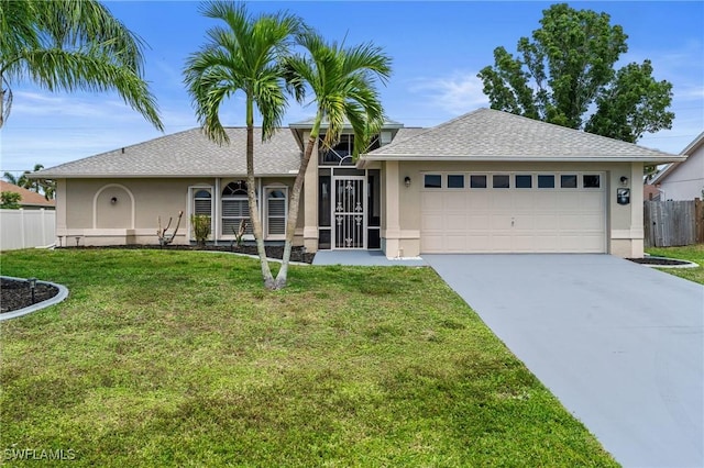 single story home with a front yard, a garage, fence, stucco siding, and driveway
