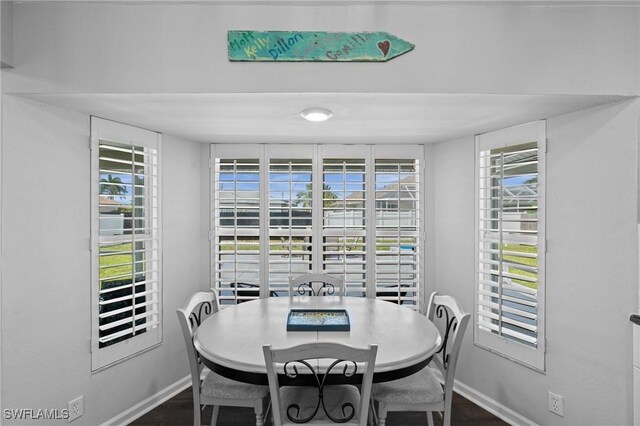 dining room featuring dark wood-style flooring and baseboards