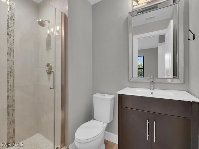 full bathroom featuring a shower stall, vanity, visible vents, and toilet