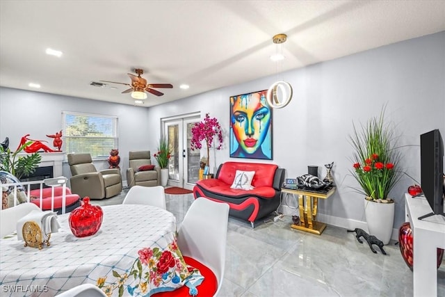 25068 Harborview Rd Unit 1B, Punta Gorda, FL 33980 - living room featuring recessed lighting, visible vents, a ceiling fan, and baseboards