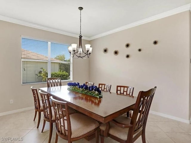 8143 Monticello Ct, Naples, FL 34104 - dining space with a chandelier, baseboards, crown molding, and light tile patterned flooring