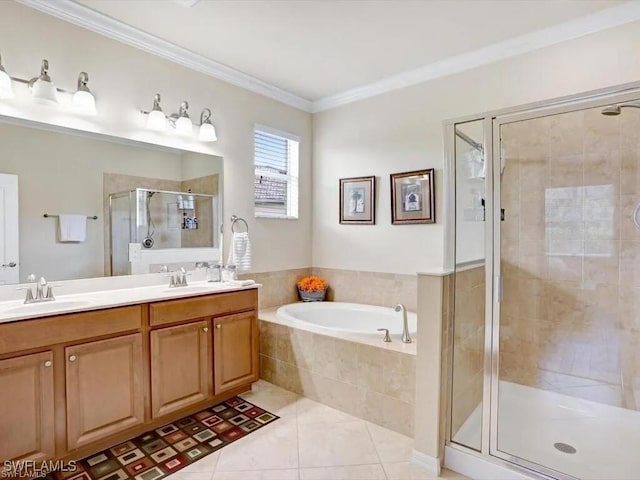 8143 Monticello Ct, Naples, FL 34104 - full bath featuring crown molding, a bath, tile patterned flooring, a sink, and a stall shower