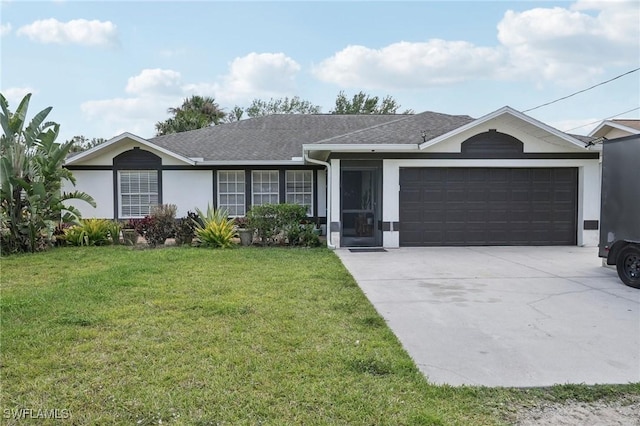 single story home with roof with shingles, a garage, a front lawn, concrete driveway, and stucco siding