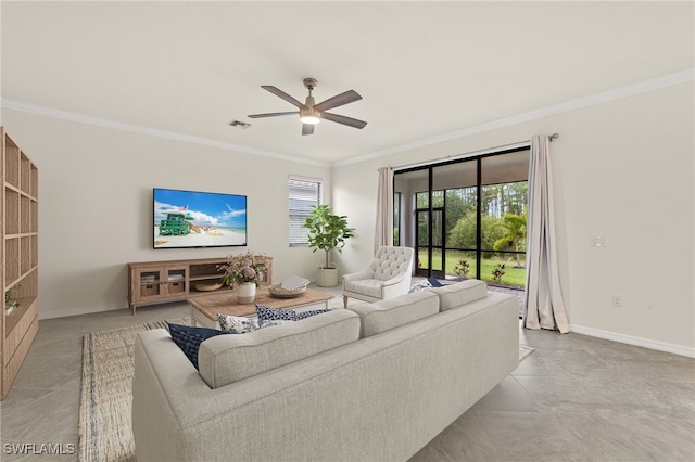 11555 Golden Oak Ter, Fort Myers, FL 33913 - living room with ceiling fan, baseboards, ornamental molding, and visible vents