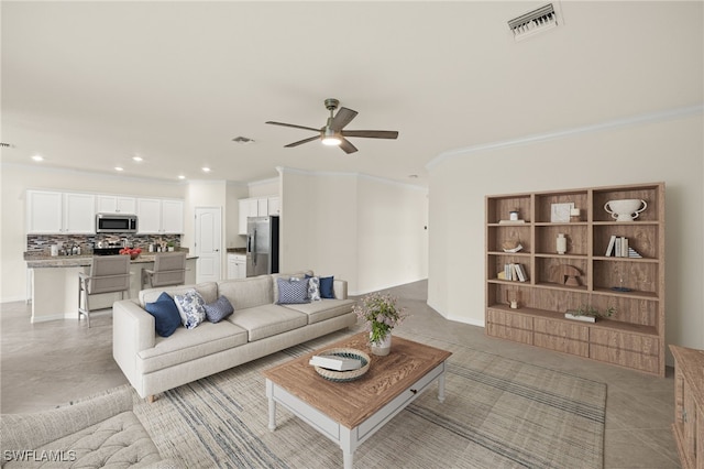 11555 Golden Oak Ter, Fort Myers, FL 33913 - living area with recessed lighting, visible vents, a ceiling fan, and crown molding