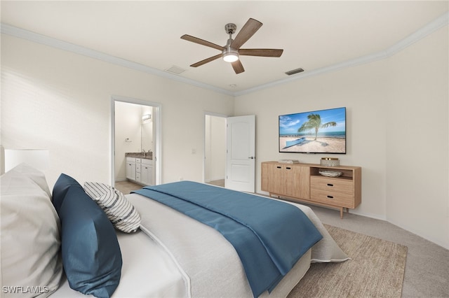 11555 Golden Oak Ter, Fort Myers, FL 33913 - bedroom featuring crown molding, ensuite bath, a ceiling fan, visible vents, and light carpet