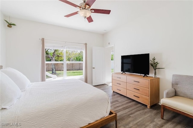 bedroom with light wood finished floors and ceiling fan