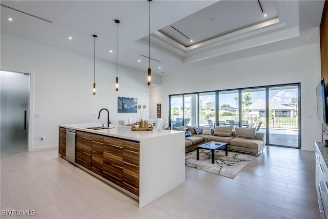 308 SW 13th Ct, Cape Coral, FL 33991 - kitchen with modern cabinets, a high ceiling, a tray ceiling, dishwasher, and light wood-type flooring