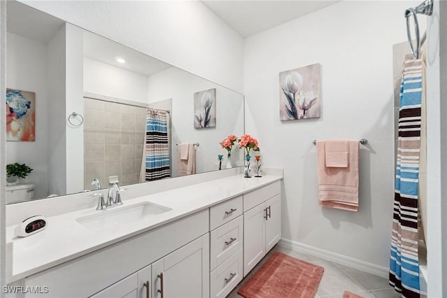 2926 Citrus St, Naples, FL 34120 - full bath featuring vanity, baseboards, tile patterned flooring, toilet, and curtained shower