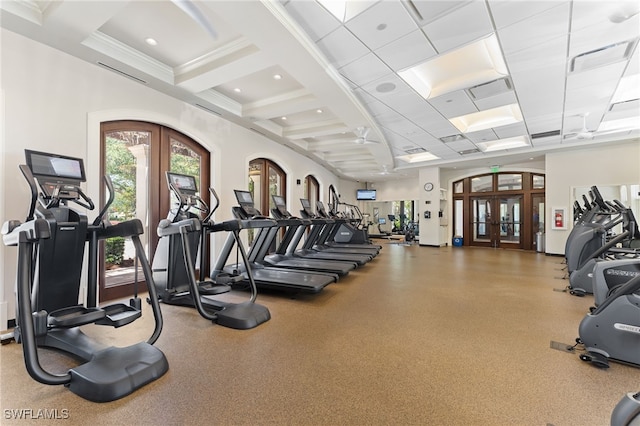 exercise room with coffered ceiling, french doors, visible vents, and recessed lighting