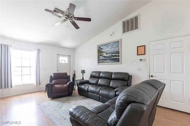 513 SE 27th Ter, Cape Coral, FL 33904 - living area with visible vents, high vaulted ceiling, a ceiling fan, and light wood-style floors