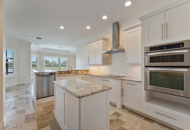 10326 Wishing Stone Ct, Bonita Springs, FL 34135 - kitchen featuring recessed lighting, crown molding, stone tile flooring, wall chimney exhaust hood, and stainless steel appliances