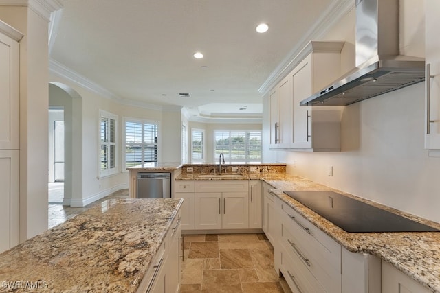 10326 Wishing Stone Ct, Bonita Springs, FL 34135 - kitchen with ornamental molding, wall chimney range hood, black electric cooktop, stainless steel dishwasher, and a sink