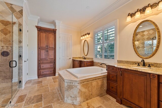 10326 Wishing Stone Ct, Bonita Springs, FL 34135 - full bath with a sink, ornamental molding, stone tile flooring, a shower stall, and a garden tub