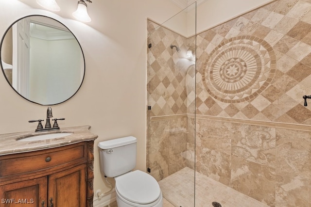 10326 Wishing Stone Ct, Bonita Springs, FL 34135 - bathroom featuring tiled shower, vanity, crown molding, and toilet