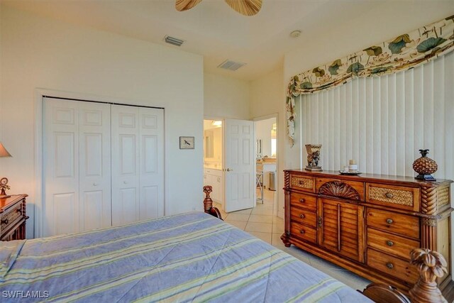330 SW 33rd Ave, Cape Coral, FL 33991 - bedroom featuring light tile patterned flooring, visible vents, a closet, and a ceiling fan