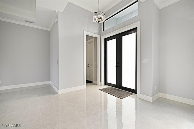 1042 Bassinger Ave S, Lehigh Acres, FL 33974 - foyer featuring visible vents, baseboards, a chandelier, crown molding, and marble finish floor