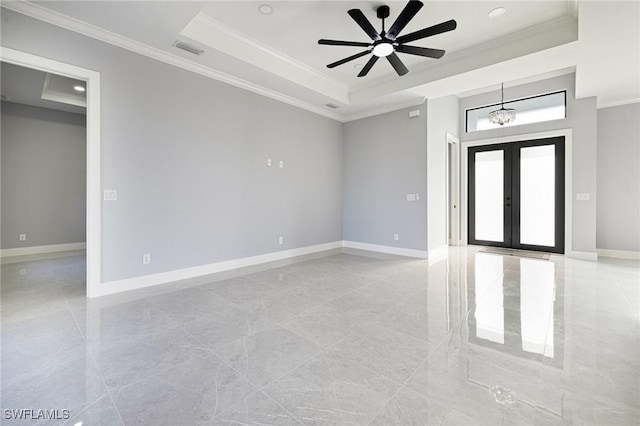 1042 Bassinger Ave S, Lehigh Acres, FL 33974 - unfurnished room featuring a raised ceiling, crown molding, baseboards, and visible vents