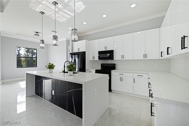 1042 Bassinger Ave S, Lehigh Acres, FL 33974 - kitchen with tasteful backsplash, a sink, black appliances, and ornamental molding