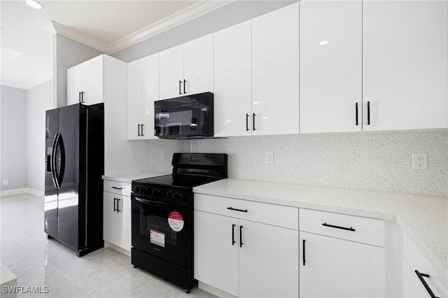 1042 Bassinger Ave S, Lehigh Acres, FL 33974 - kitchen featuring white cabinetry, ornamental molding, backsplash, and black appliances