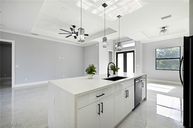 1042 Bassinger Ave S, Lehigh Acres, FL 33974 - kitchen featuring crown molding, freestanding refrigerator, dishwasher, a sink, and a raised ceiling