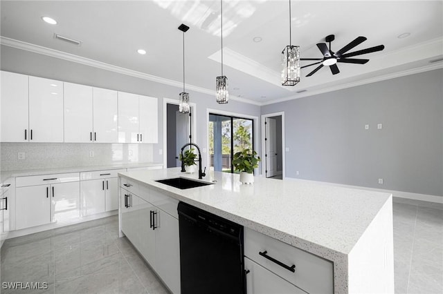 1042 Bassinger Ave S, Lehigh Acres, FL 33974 - kitchen featuring ornamental molding, backsplash, dishwasher, ceiling fan with notable chandelier, and a sink