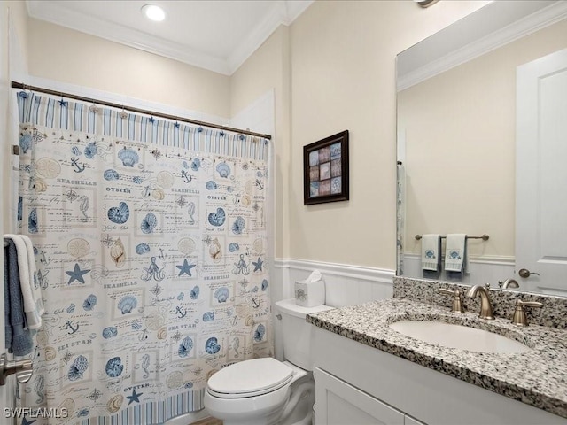 2138 Marquesa Cir, Naples, FL 34112 - bathroom featuring wainscoting, ornamental molding, vanity, toilet, and curtained shower