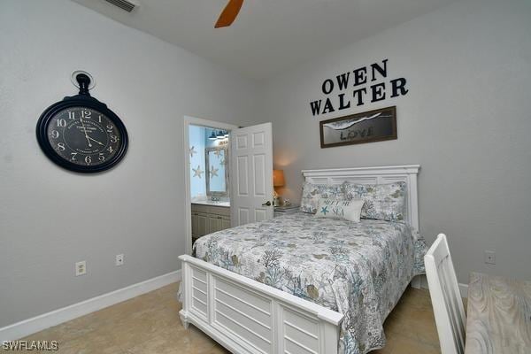 bedroom with visible vents, baseboards, and a ceiling fan