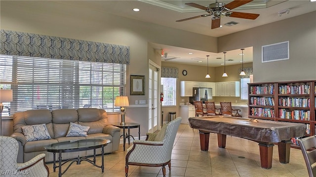 game room with visible vents, recessed lighting, a ceiling fan, and light tile patterned floors