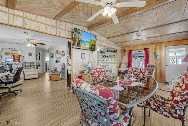 dining room with wooden walls, ceiling fan, wood finished floors, and wood ceiling