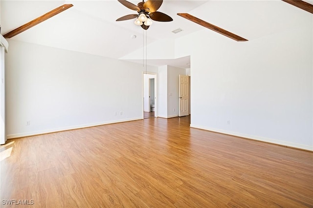 6081 Waterway Bay Dr, Fort Myers, FL 33908 - unfurnished living room with high vaulted ceiling, a ceiling fan, light wood-type flooring, baseboards, and visible vents