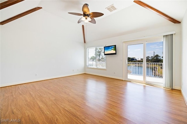 6081 Waterway Bay Dr, Fort Myers, FL 33908 - unfurnished room featuring high vaulted ceiling, wood finished floors, ceiling fan, baseboards, and visible vents