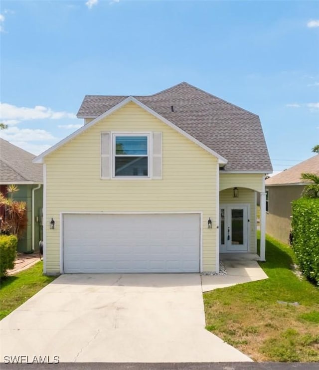 6081 Waterway Bay Dr, Fort Myers, FL 33908 - traditional-style home with concrete driveway, roof with shingles, a front yard, and a garage
