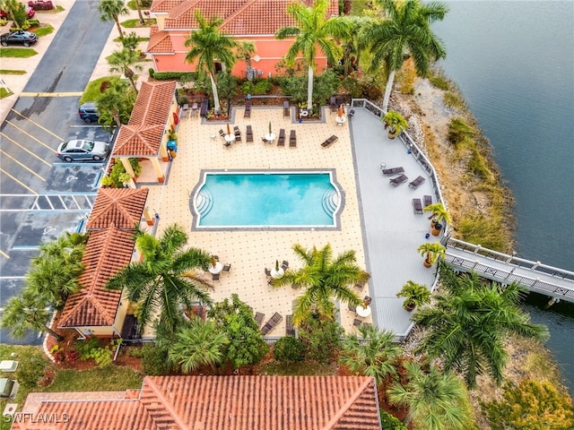 drone / aerial view with a water view