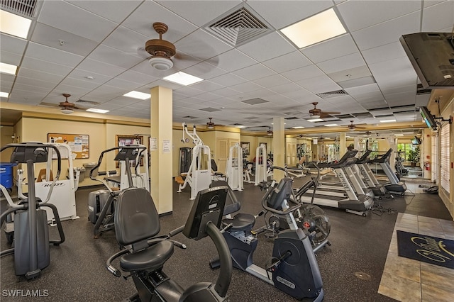gym with visible vents, a ceiling fan, and a drop ceiling