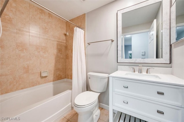 full bath with tile patterned floors, shower / tub combo, toilet, and vanity