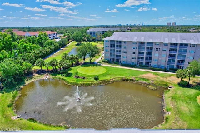 aerial view with view of golf course and a water view
