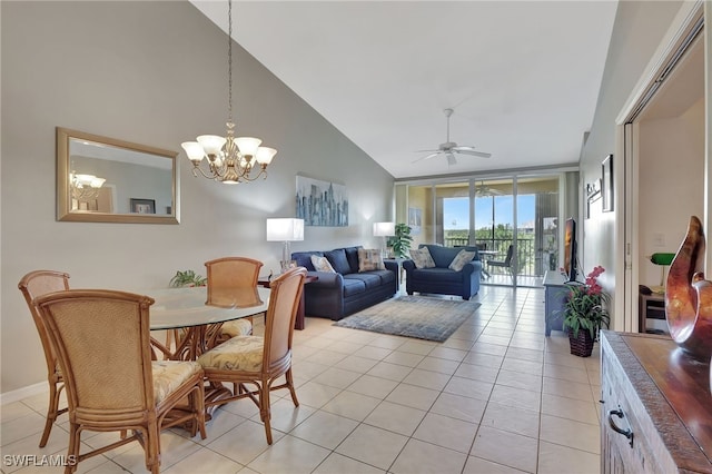dining room featuring light tile patterned floors, baseboards, high vaulted ceiling, and ceiling fan with notable chandelier