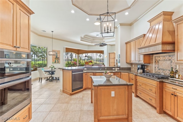 kitchen with ornamental molding, premium range hood, a peninsula, stainless steel appliances, and backsplash